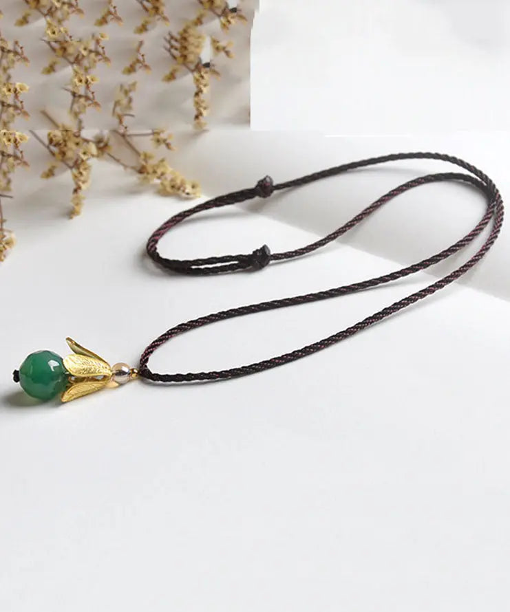 Vintage Green Hand Knitting Agate Golden Leaf Pendant Necklace Ada Fashion