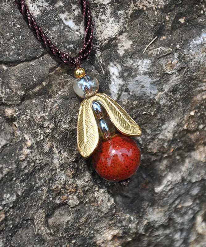 Vintage Green Hand Knitting Agate Golden Leaf Pendant Necklace Ada Fashion