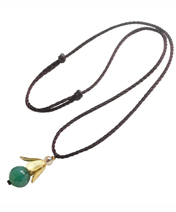 Vintage Green Hand Knitting Agate Golden Leaf Pendant Necklace Ada Fashion