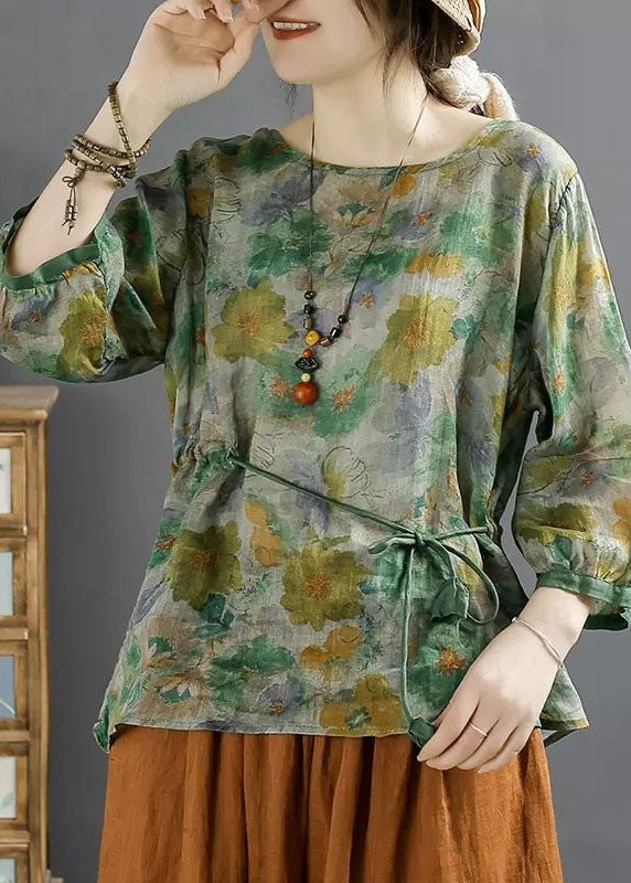 Vintage Green O Neck Print Lace Up Patchwork Linen Tops Summer LY4135 - fabuloryshop