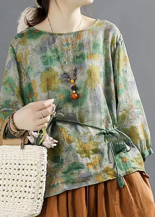 Vintage Green O Neck Print Lace Up Patchwork Linen Tops Summer LY4135 - fabuloryshop
