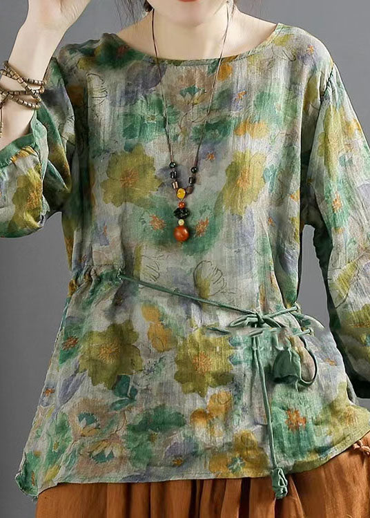Vintage Green O Neck Print Lace Up Patchwork Linen Tops Summer LY4135 - fabuloryshop
