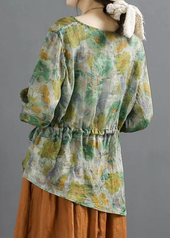 Vintage Green O Neck Print Lace Up Patchwork Linen Tops Summer LY4135 - fabuloryshop