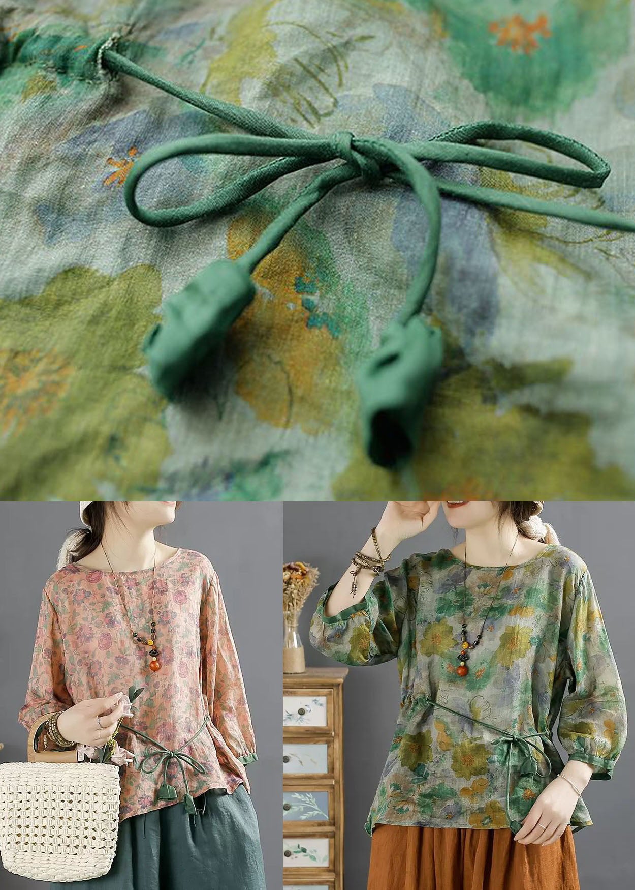Vintage Green O Neck Print Lace Up Patchwork Linen Tops Summer LY4135 - fabuloryshop
