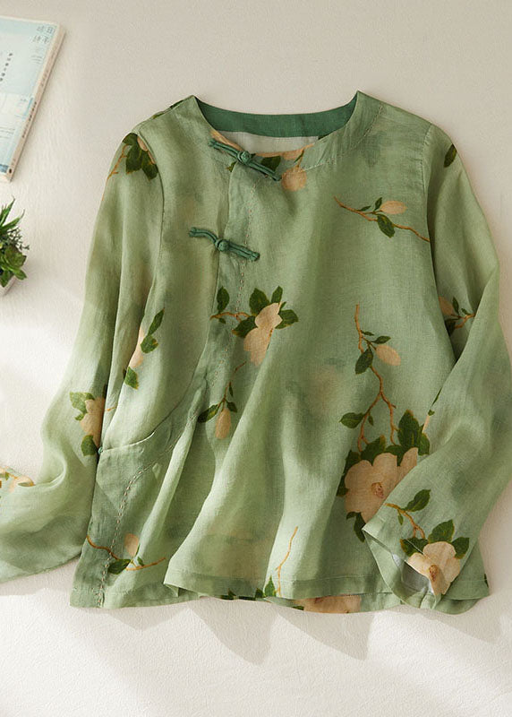 Vintage Green O Neck Print Patchwork Cotton Shirt Tops Long Sleeve Ada Fashion