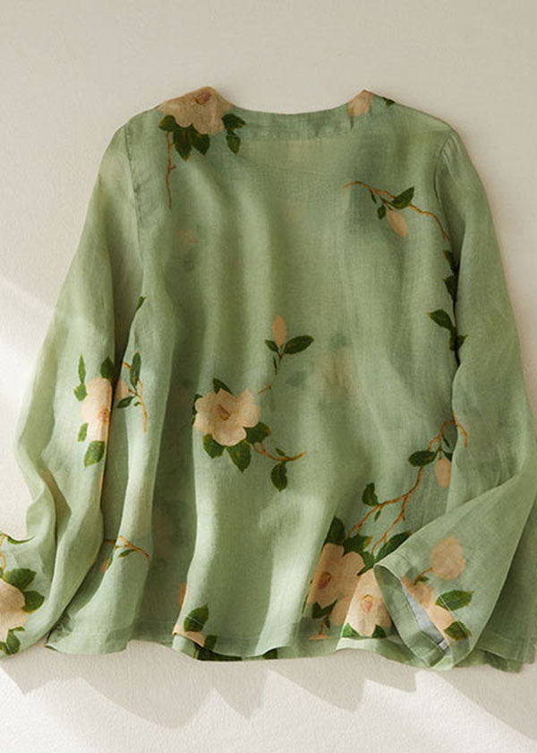 Vintage Green O Neck Print Patchwork Cotton Shirt Tops Long Sleeve Ada Fashion