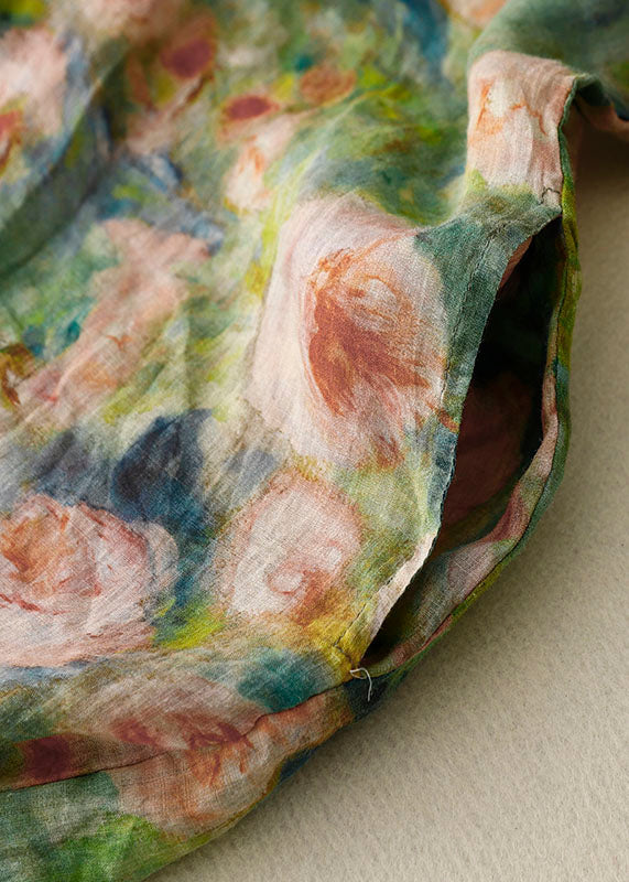 Vintage Green O Neck Print Patchwork Linen Mid Dress Bracelet Sleeve Ada Fashion