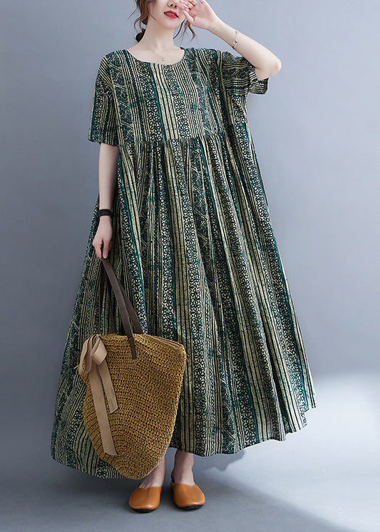 Vintage Green O-Neck Print Patchwork Maxi Dress Summer Ada Fashion