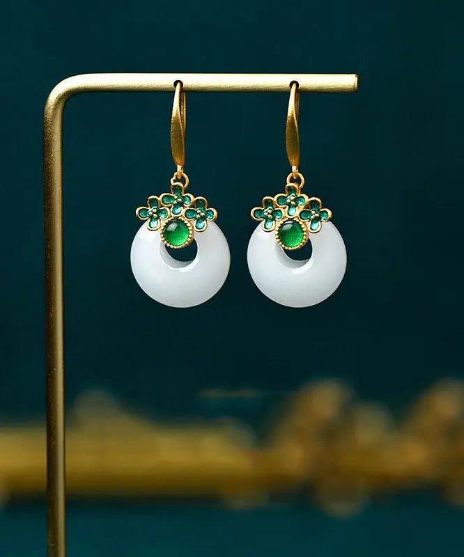 Vintage Green Overgild Inlaid Jade Floral Safety Buckle Drop Earrings Ada Fashion