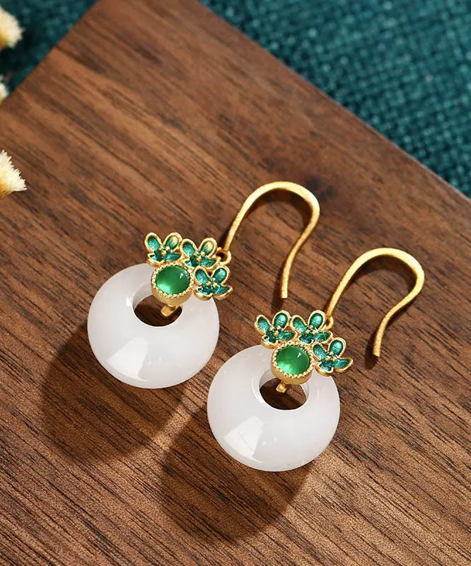 Vintage Green Overgild Inlaid Jade Floral Safety Buckle Drop Earrings Ada Fashion