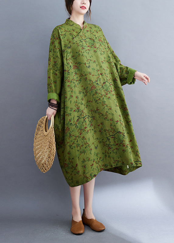 Vintage Green Oversized Print Linen Long Dress Batwing Sleeve LY2397 - fabuloryshop