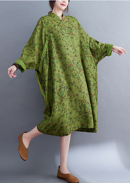 Vintage Green Oversized Print Linen Long Dress Batwing Sleeve LY2397 - fabuloryshop