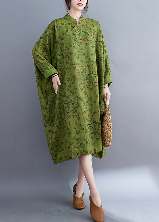 Vintage Green Oversized Print Linen Long Dress Batwing Sleeve LY2397 - fabuloryshop