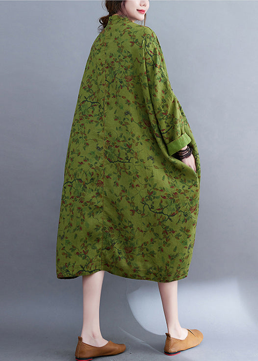 Vintage Green Oversized Print Linen Long Dress Batwing Sleeve LY2397 - fabuloryshop