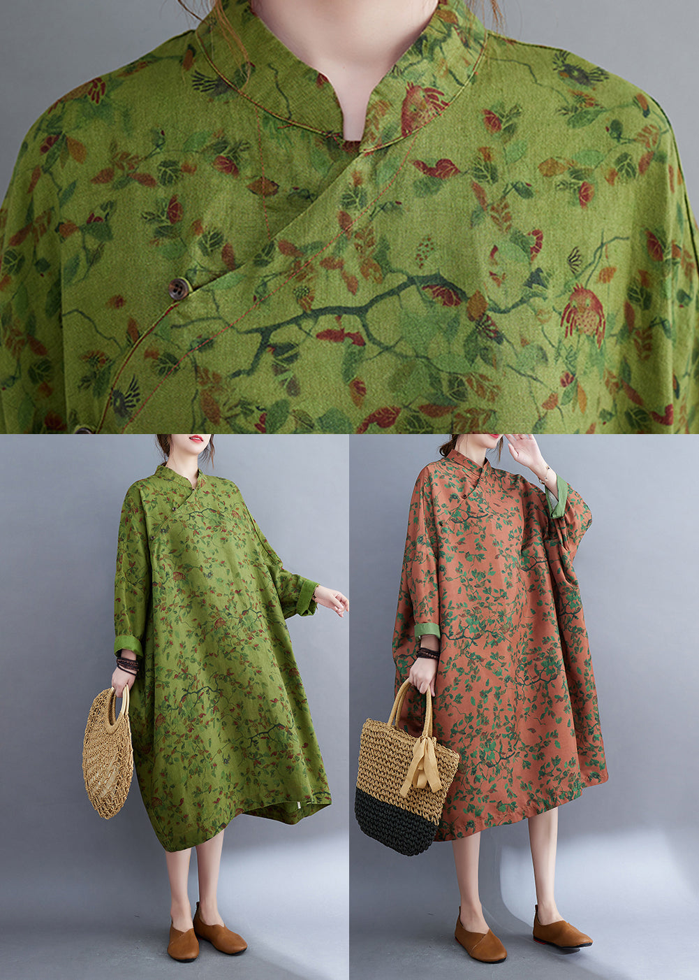 Vintage Green Oversized Print Linen Long Dress Batwing Sleeve LY2397 - fabuloryshop