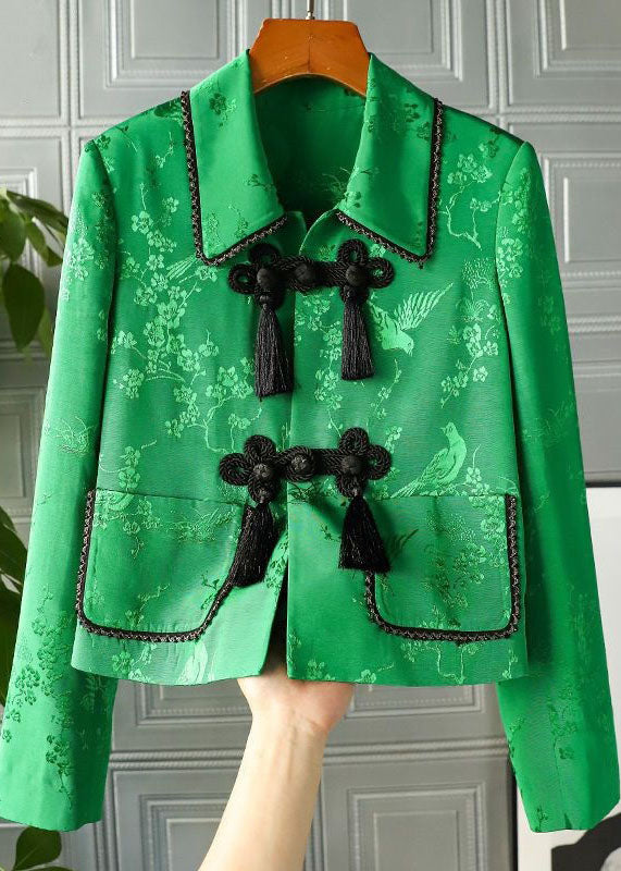Vintage Green Peter Pan Collar Chinese Button Print Patchwork Silk Coats Spring LY4687 - fabuloryshop