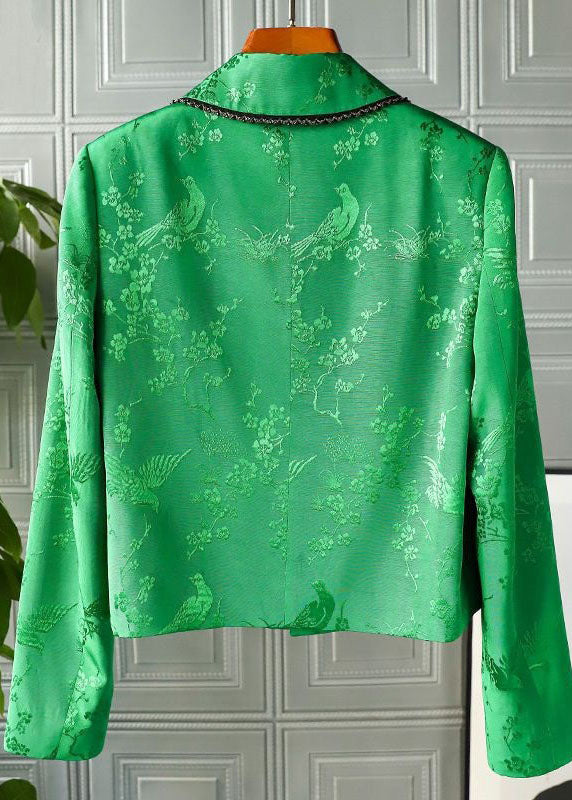 Vintage Green Peter Pan Collar Chinese Button Print Patchwork Silk Coats Spring LY4687 - fabuloryshop