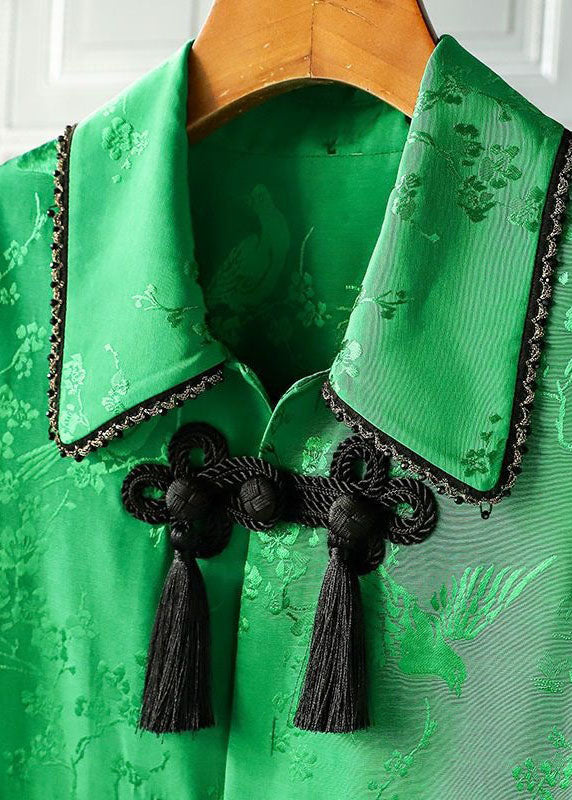 Vintage Green Peter Pan Collar Chinese Button Print Patchwork Silk Coats Spring LY4687 - fabuloryshop