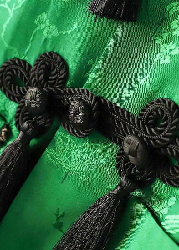 Vintage Green Peter Pan Collar Chinese Button Print Patchwork Silk Coats Spring LY4687 - fabuloryshop