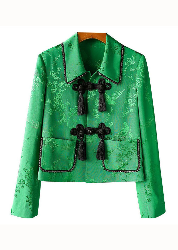 Vintage Green Peter Pan Collar Chinese Button Print Patchwork Silk Coats Spring LY4687 - fabuloryshop