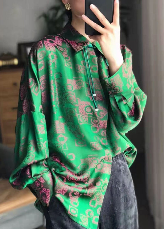 Vintage Green Peter Pan Collar Print Patchwork Silk Shirt Fall Ada Fashion