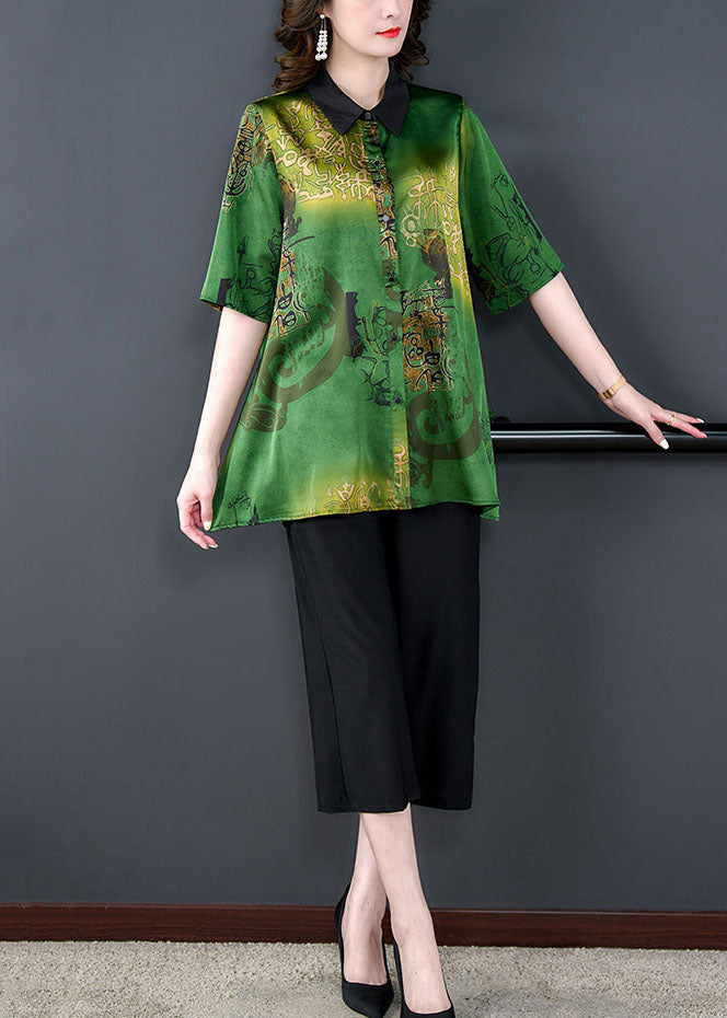 Vintage Green Peter Pan Collar Print Tops And Pants Silk Two Pieces Set Summer LY5951 Ada Fashion
