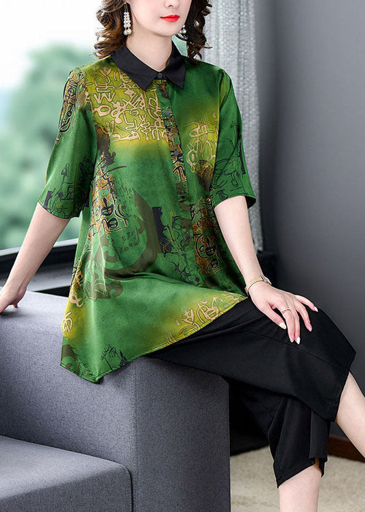 Vintage Green Peter Pan Collar Print Tops And Pants Silk Two Pieces Set Summer LY5951 Ada Fashion