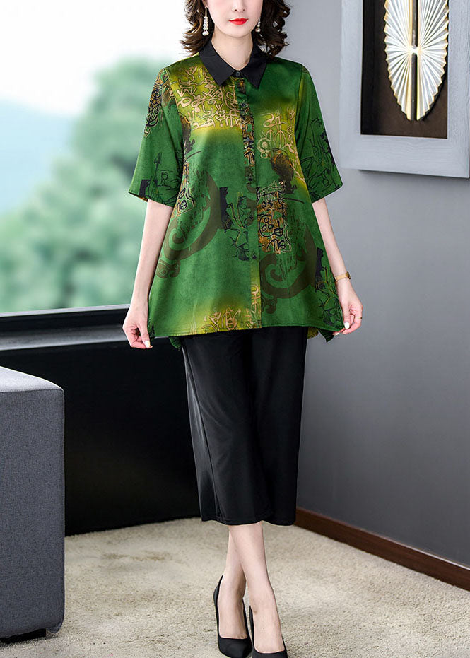 Vintage Green Peter Pan Collar Print Tops And Pants Silk Two Pieces Set Summer LY5951 Ada Fashion
