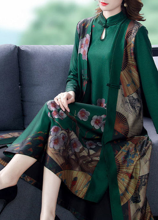 Vintage Green Print Chinese Button Silk Fake Two Piece Oriental Dresses Spring LY1724 - fabuloryshop