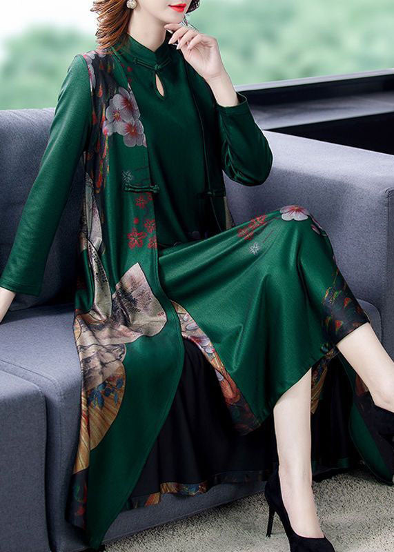 Vintage Green Print Chinese Button Silk Fake Two Piece Oriental Dresses Spring LY1724 - fabuloryshop