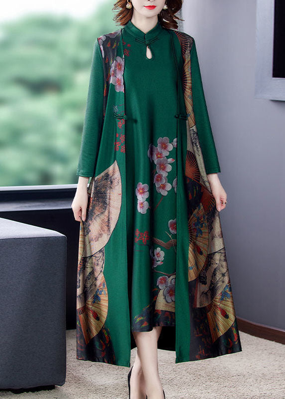 Vintage Green Print Chinese Button Silk Fake Two Piece Oriental Dresses Spring LY1724 - fabuloryshop