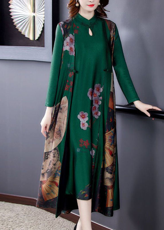Vintage Green Print Chinese Button Silk Fake Two Piece Oriental Dresses Spring LY1724 - fabuloryshop