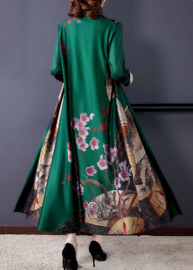 Vintage Green Print Chinese Button Silk Fake Two Piece Oriental Dresses Spring LY1724 - fabuloryshop