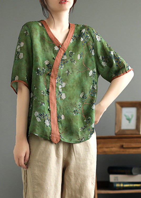 Vintage Green Print Ramie T Shirt Summer LY5027 - fabuloryshop