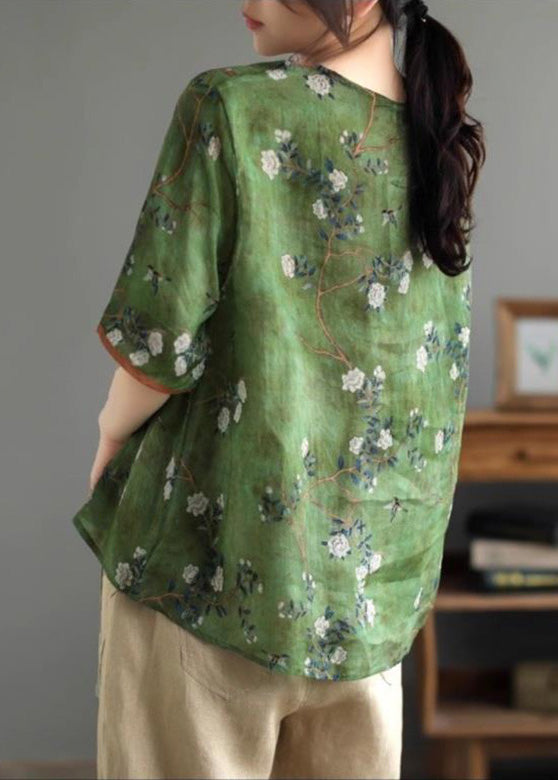 Vintage Green Print Ramie T Shirt Summer LY5027 - fabuloryshop