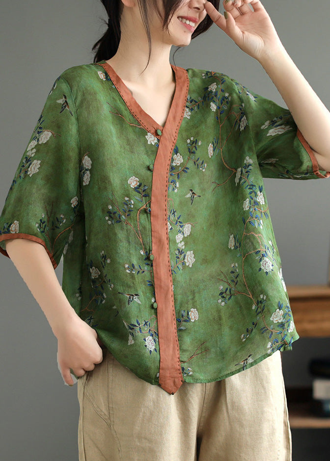 Vintage Green Print Ramie T Shirt Summer LY5027 - fabuloryshop