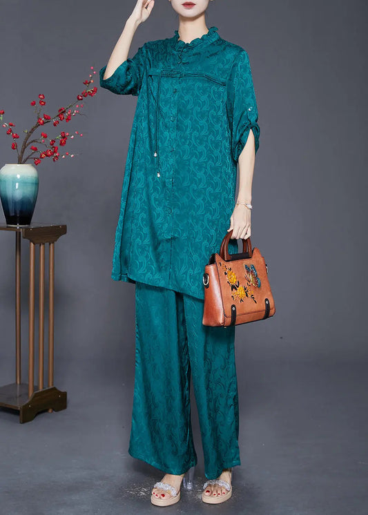 Vintage Green Ruffled Tasseled Silk Women Sets 2 Pieces Fall Ada Fashion