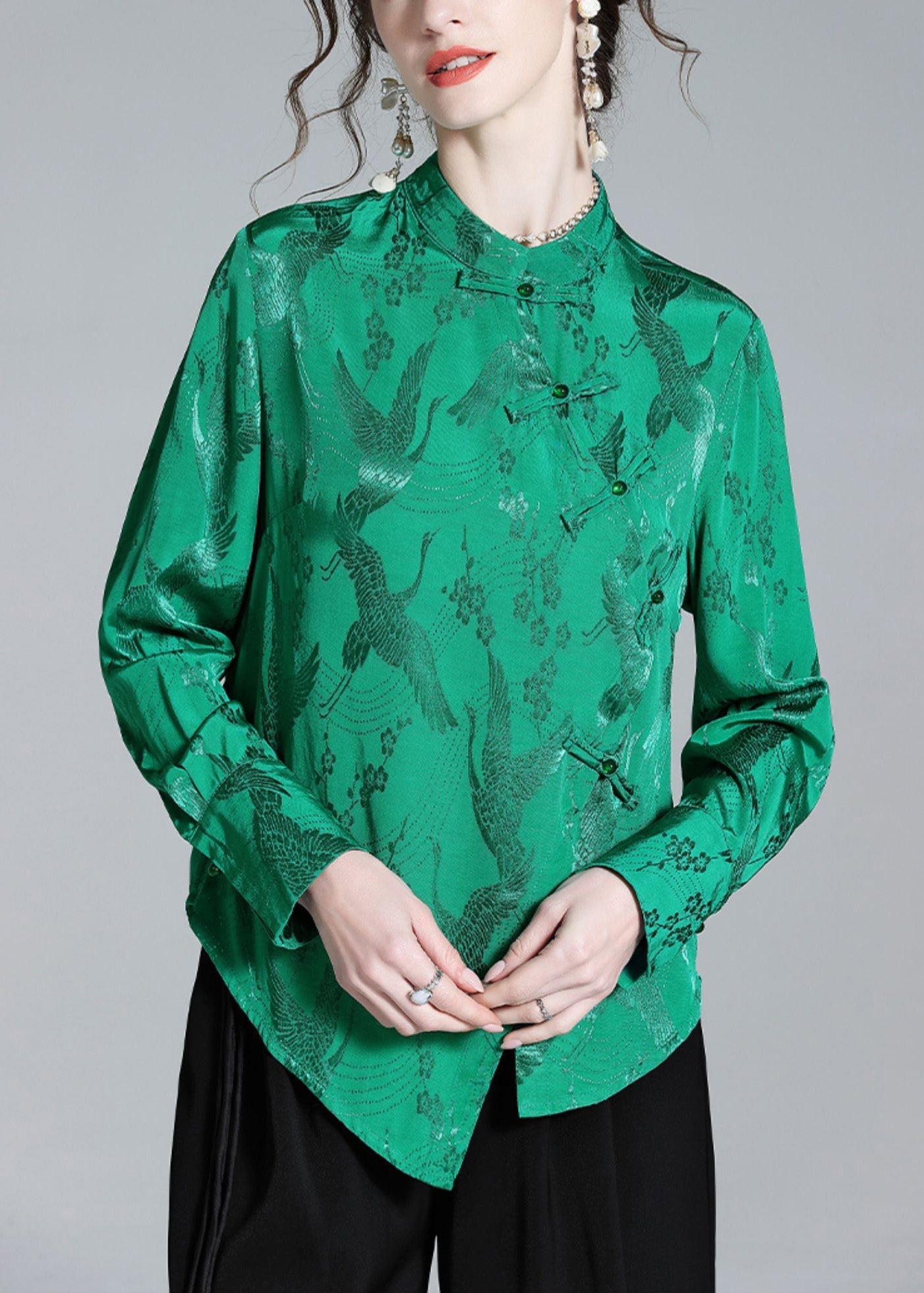 Vintage Green Stand Collar Button Jacquard Silk Shirt Spring LY0692