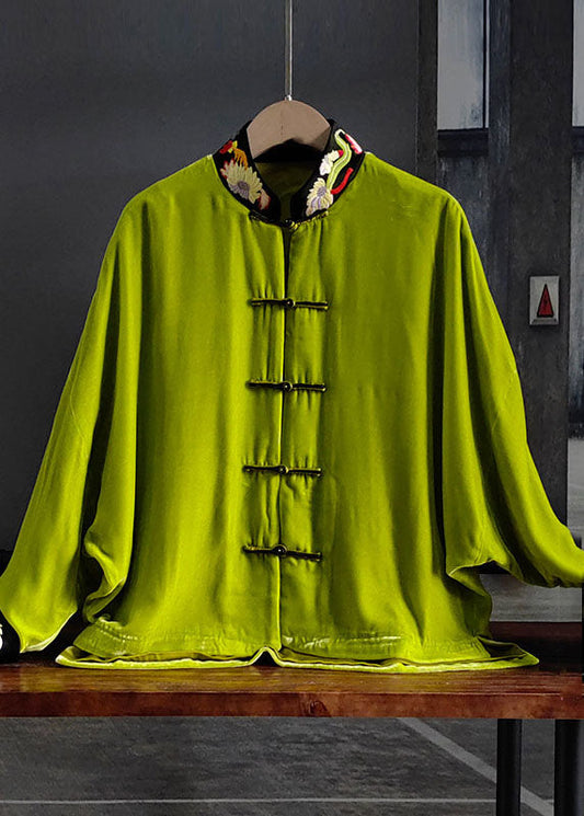 Vintage Green Stand Collar Embroideried Button Silk Velour Outwear Spring LY0987 - fabuloryshop