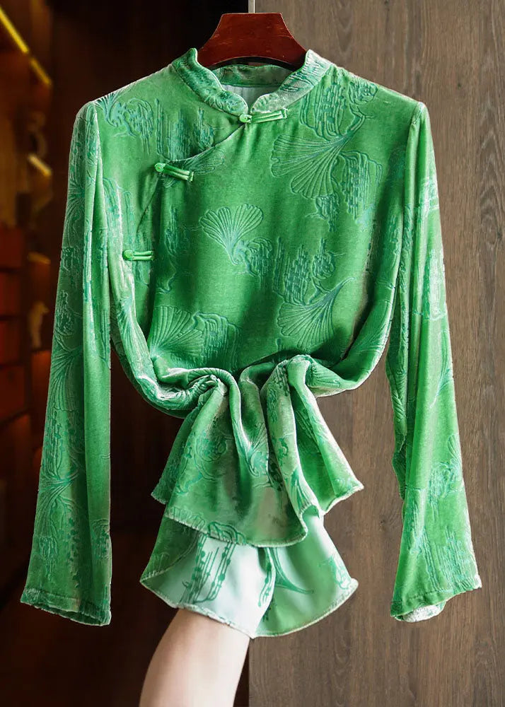 Vintage Green Stand Collar Low High Design Silk Velour Tops Long Sleeve Ada Fashion