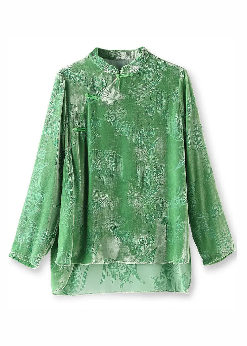 Vintage Green Stand Collar Low High Design Silk Velour Tops Long Sleeve Ada Fashion
