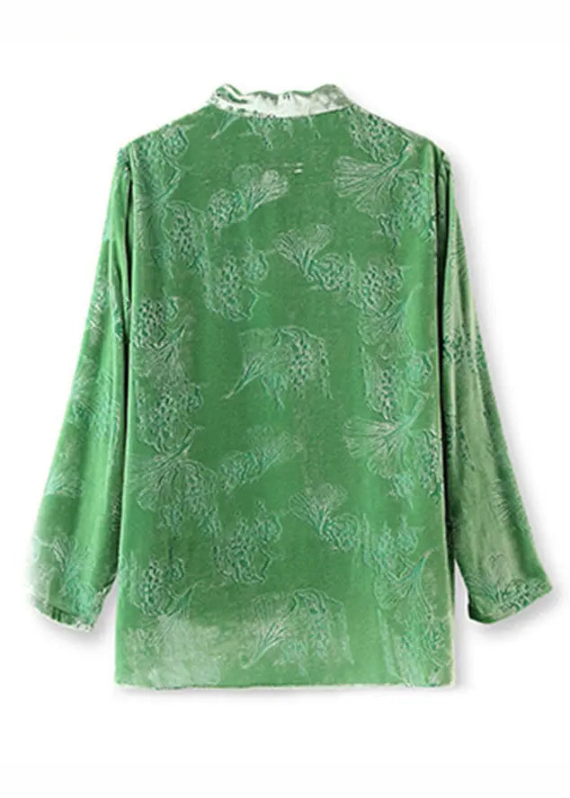 Vintage Green Stand Collar Low High Design Silk Velour Tops Long Sleeve Ada Fashion
