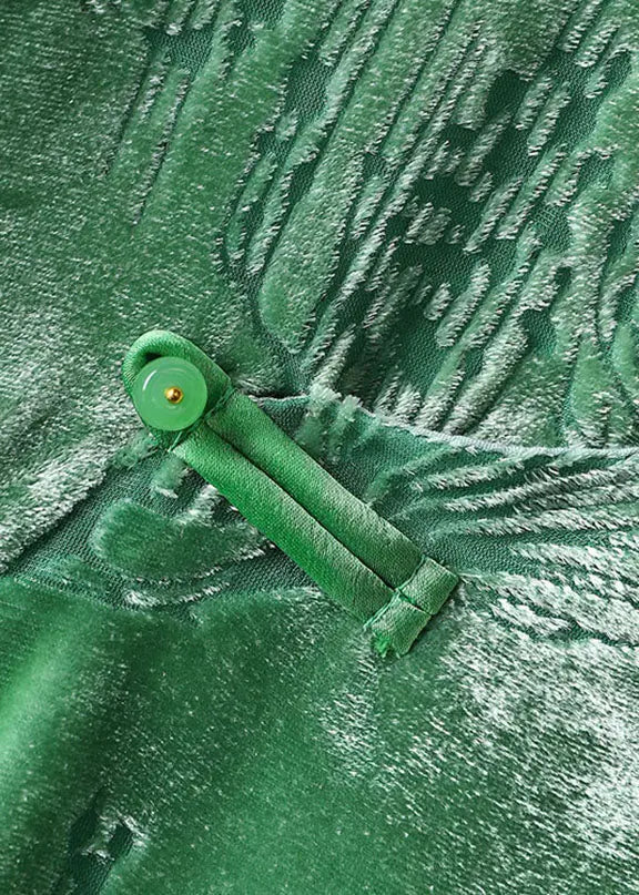 Vintage Green Stand Collar Low High Design Silk Velour Tops Long Sleeve Ada Fashion