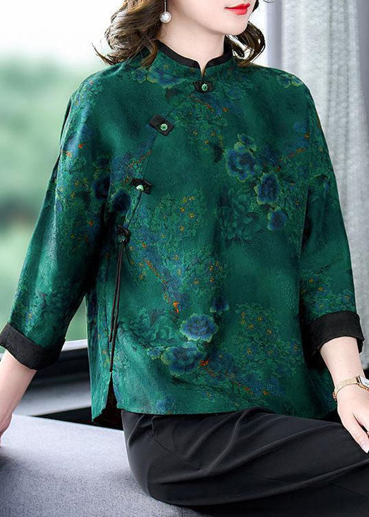 Vintage Green Stand Collar Print Button Patchwork Silk Top Spring LY4426 - fabuloryshop