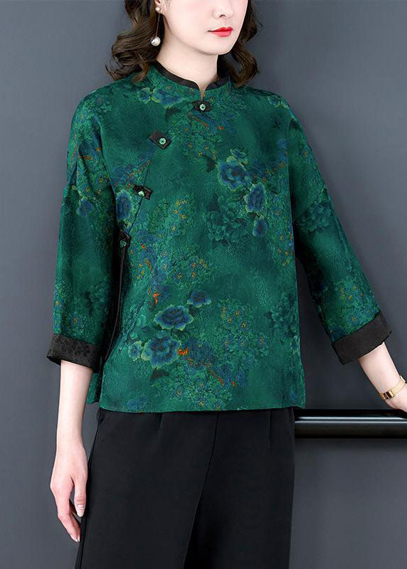 Vintage Green Stand Collar Print Button Patchwork Silk Top Spring LY4426 - fabuloryshop