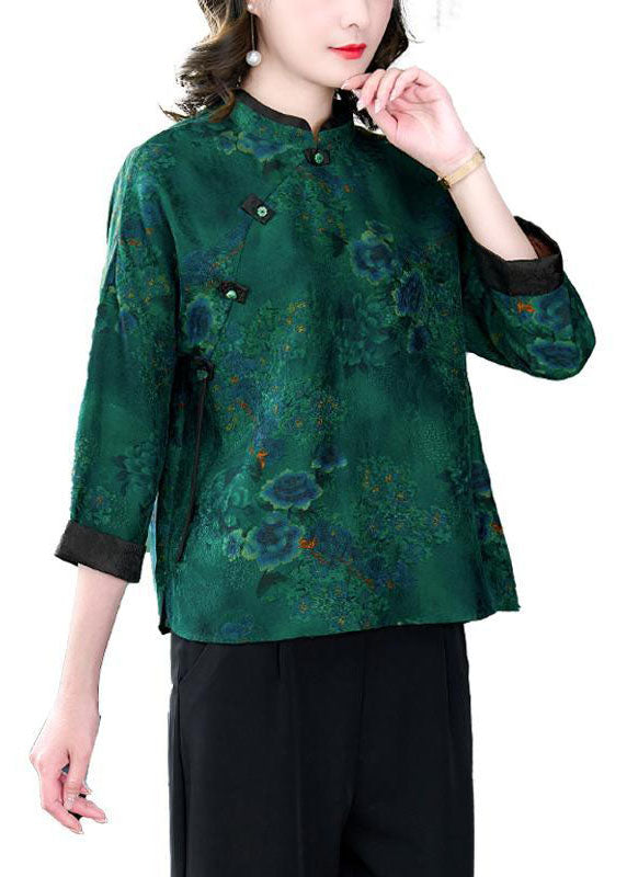Vintage Green Stand Collar Print Button Patchwork Silk Top Spring LY4426 - fabuloryshop