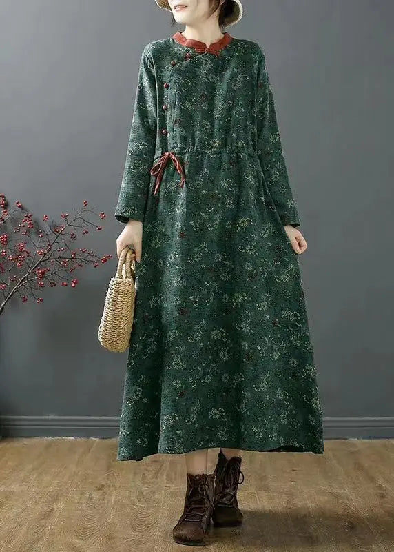 Vintage Green Stand Collar Print Patchwork Cotton Dress Fall Ada Fashion