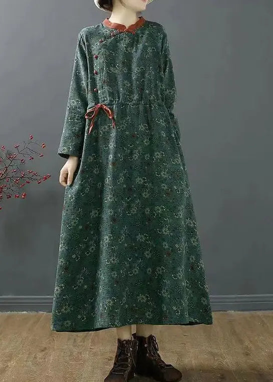 Vintage Green Stand Collar Print Patchwork Cotton Dress Fall Ada Fashion