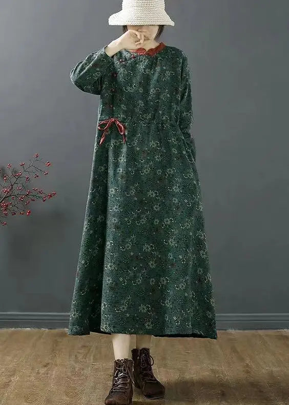Vintage Green Stand Collar Print Patchwork Cotton Dress Fall Ada Fashion