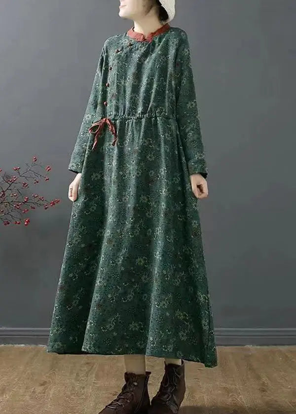 Vintage Green Stand Collar Print Patchwork Cotton Dress Fall Ada Fashion